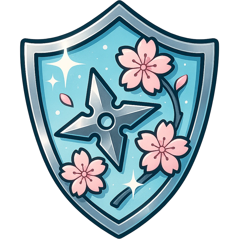 Anime-inspired Japanese style badge for Platinum rank: traditional crest shape with platinum and light blue gradient, sakura (cherry blossom) accents, ninja star, bold highlights and shadows, sparkly effects, no text, sized for Twitch or Discord use, transparent background. emoji