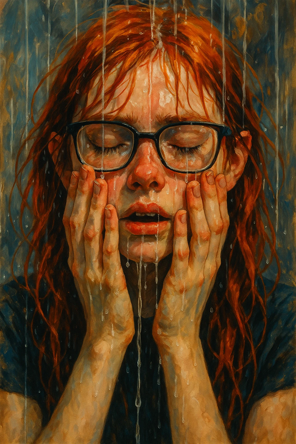 girl with red hair and glasses, hands pressed to her face, water pouring down, semi-realistic digital art style emoji