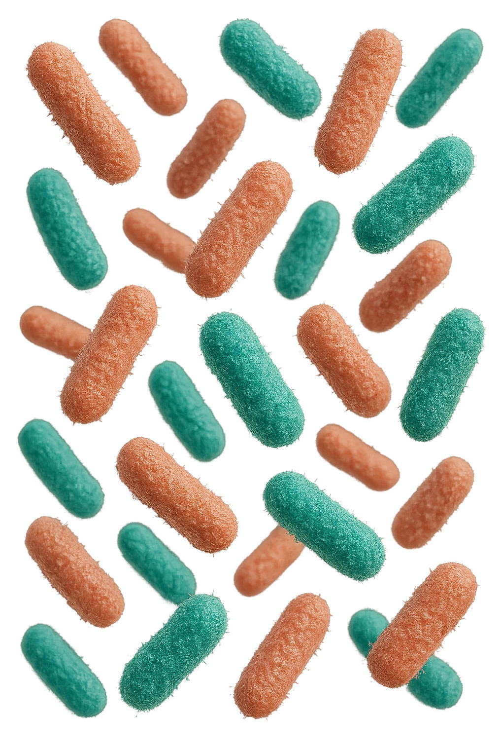 batteri intestinali rosa salmone e turchesi fluttuano in aria, iperrealistici 4k emoji