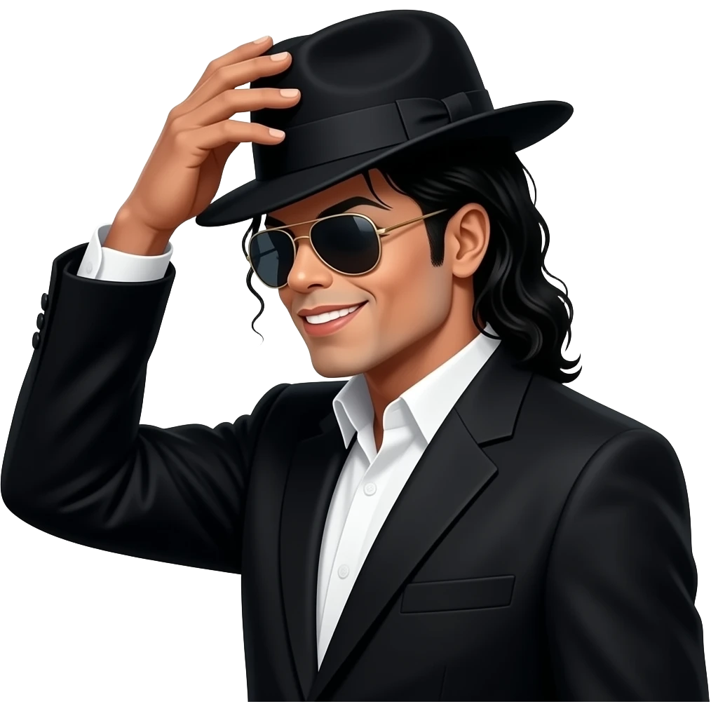 Michael Jackson hiding under his hat half grin with his palm on top of his hat wearing shades side profile all black suit emoji