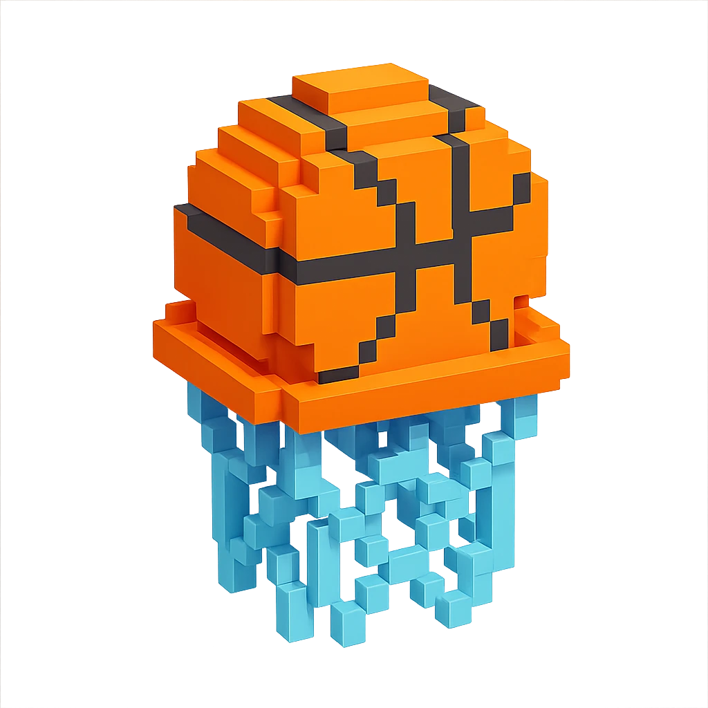 Voxel-style basketball in a net, variation 4 emoji