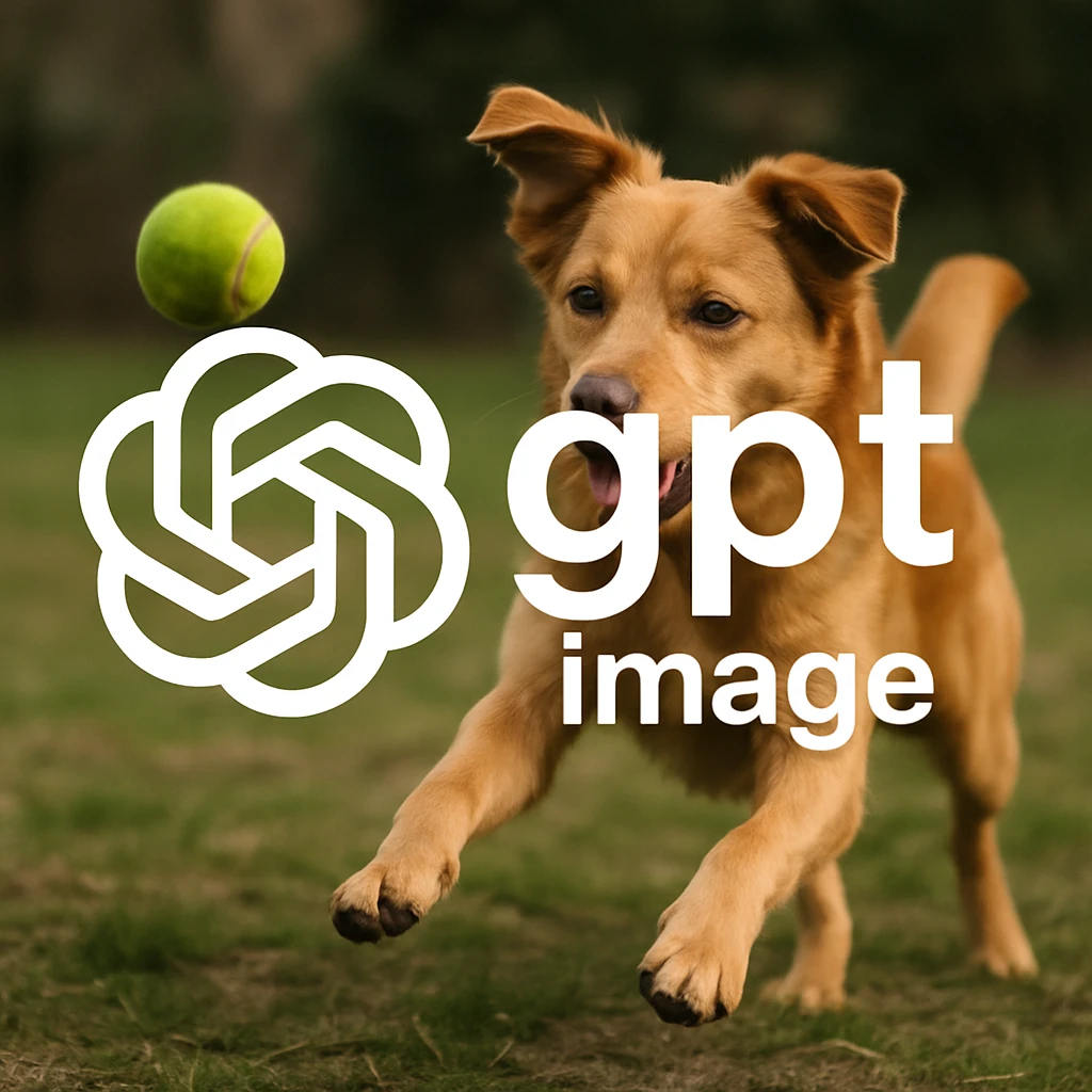  logo of chat gpt with text "gpt image" on the background of a dog chasing ball, realistic image emoji