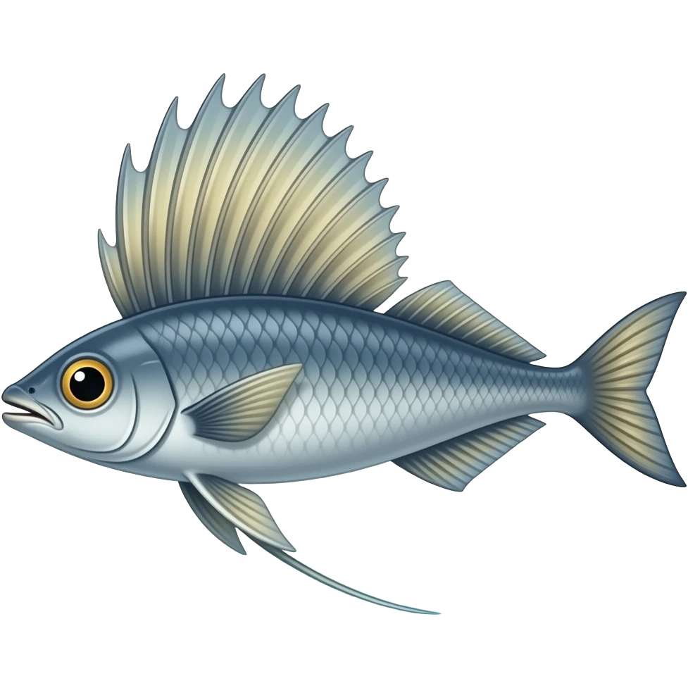 create a  long flying fish with long fins flyign and wings flying over the water emoji