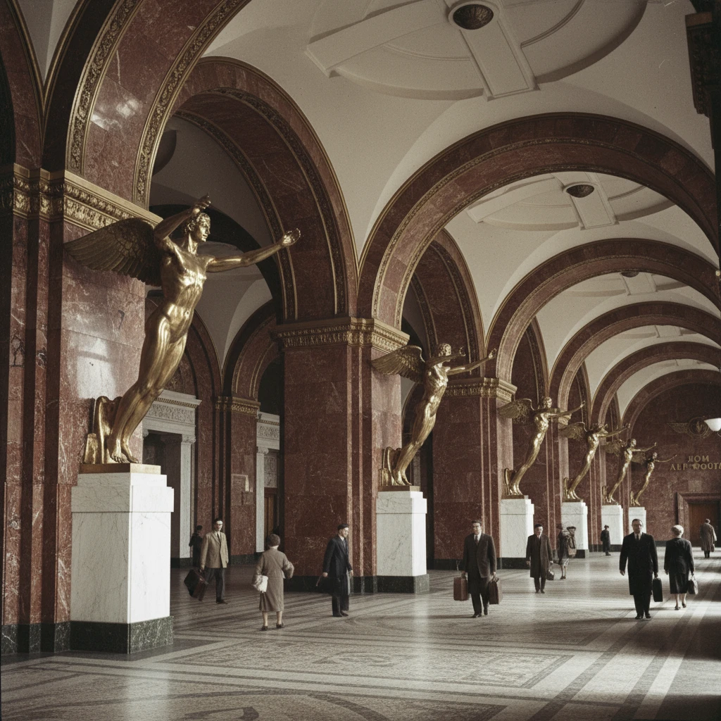 Дом Аэрофлота Чечулина изнутри. Огромные арки и скульптуры Икара, на фоне которых люди очень маленькие 

Стиль - архивные цветные фотодокументы emoji