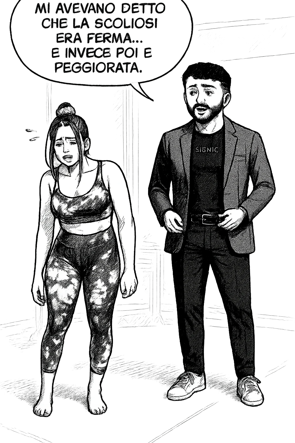 fai questa immagine in versione fumetto/manga/webtoon, il manga mostra la donna disperata con un fumetto sulla testa che dice:
Mi avevano detto che la scoliosi era ferma… e invece poi è peggiorata.
 emoji