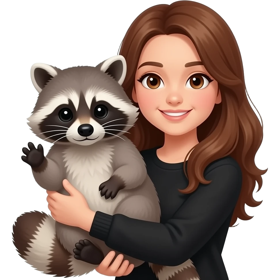 brown haired girl in black holding raccoon emoji