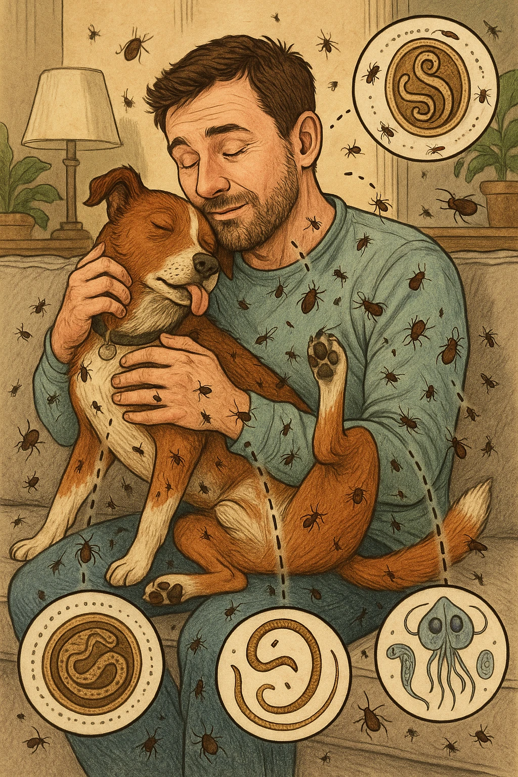"Man cuddling with his beloved dog on couch, unaware that fleas, ticks, and worms are jumping from pet's fur onto his clothing, microscopic visualization showing roundworms, hookworms, and giardia transferring between species, expression of loving pet owner ignorant of health risks, living room becoming cross-contamination zone, pet's scratching and licking spreading parasites to human environment" in italiano emoji