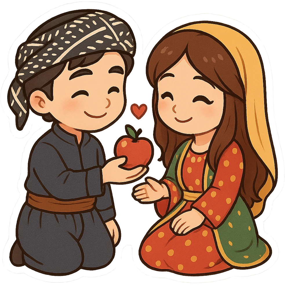 cartoon sticker of a Kurdish rural boy and girl, boy wearing traditional Kurdish clothes, girl wearing traditional Kurdish female clothes, boy giving an apple to the girl expressing love, romantic and joyful scene, no text, suitable for WhatsApp and Instagram, transparent background emoji