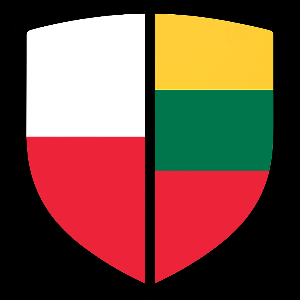 Correct the Polish flag side so it is a simple white top and red bottom horizontal bicolor, with no extra elements, in the split flag design with the Lithuanian flag. Maintain the style and composition of the original image. emoji