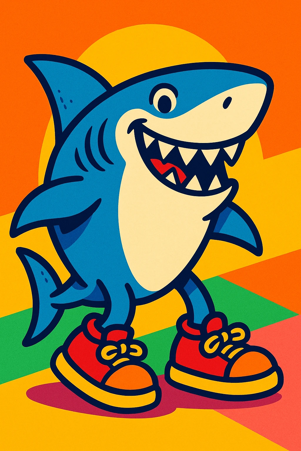 a shark wearing shoes, colorful cartoon style, vibrant and lively emoji