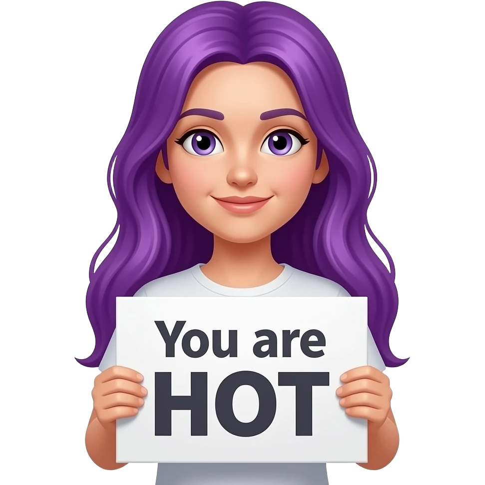 girl with long purple hair holding a You are HOT sign emoji
