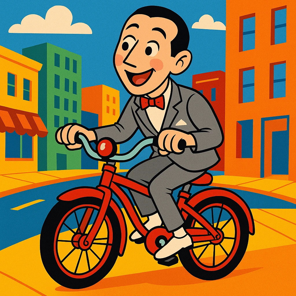 Pee-wee Herman riding a red bicycle, joyful expression, city background, vibrant toon style emoji
