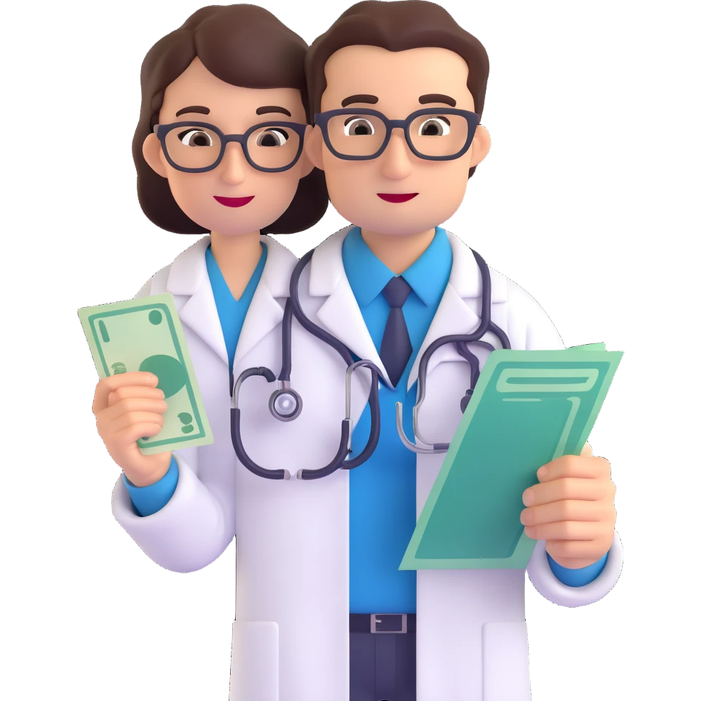 a doctor with a stethoscope holding a large bill or money, looking greedy or smug, symbolizing high charges emoji