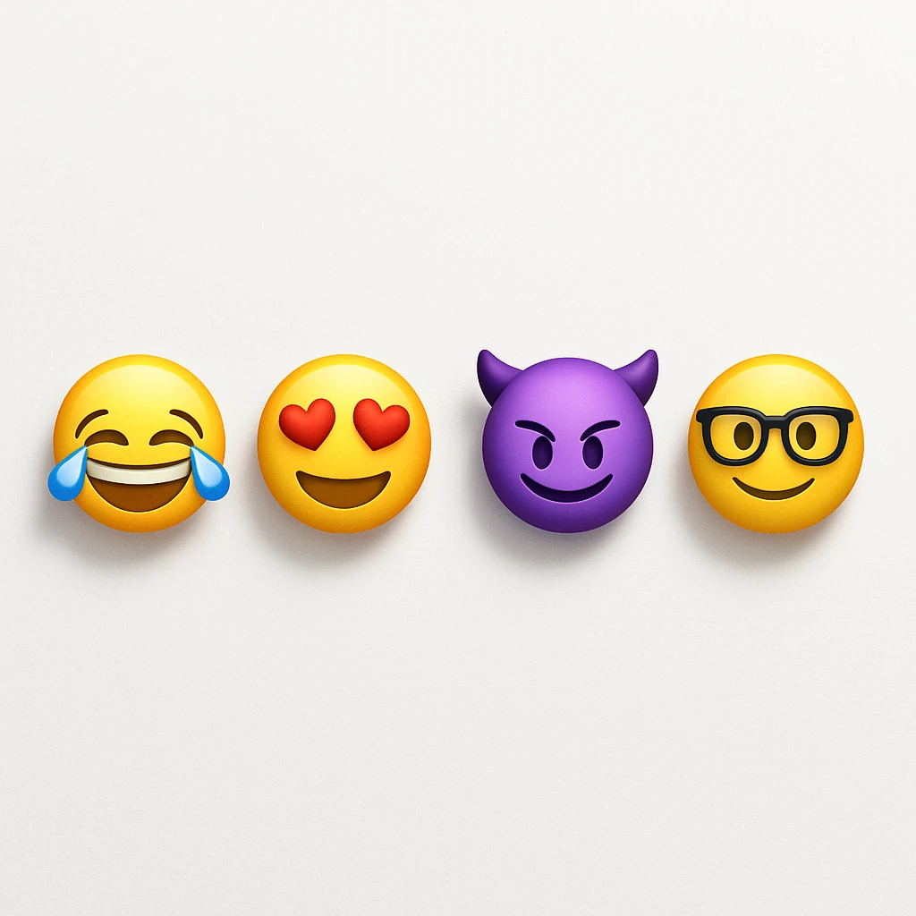 make four emojis on white background with good amount of shadow, four emojis of smiley's only. one laughing, second heart eyes, third purple devil and four black glasses emojis  emoji