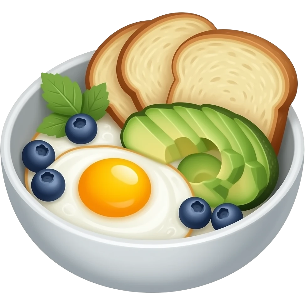 bowl with sunny side eggs avocado blueberries sourdough emoji