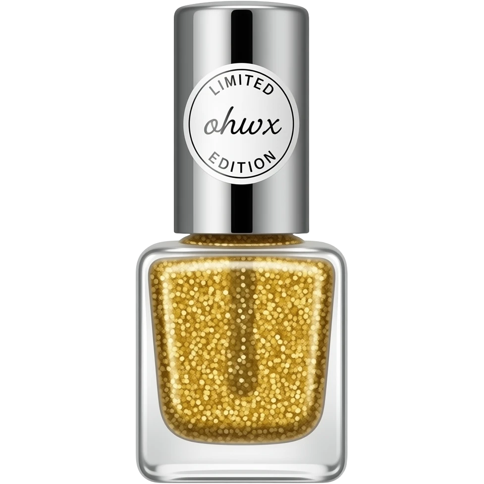 A gold glitter nail polish that has limited edition sticker on it emoji