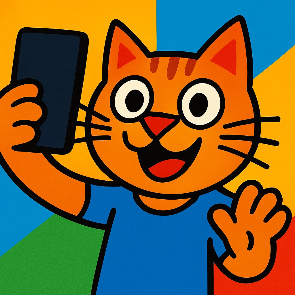 cat taking a selfie, vibrant cartoon style emoji
