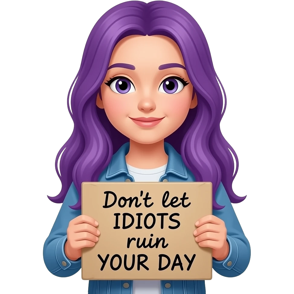 girl with long purple hair holding a Don't let IDIOTS ruin YOUR DAY sign emoji