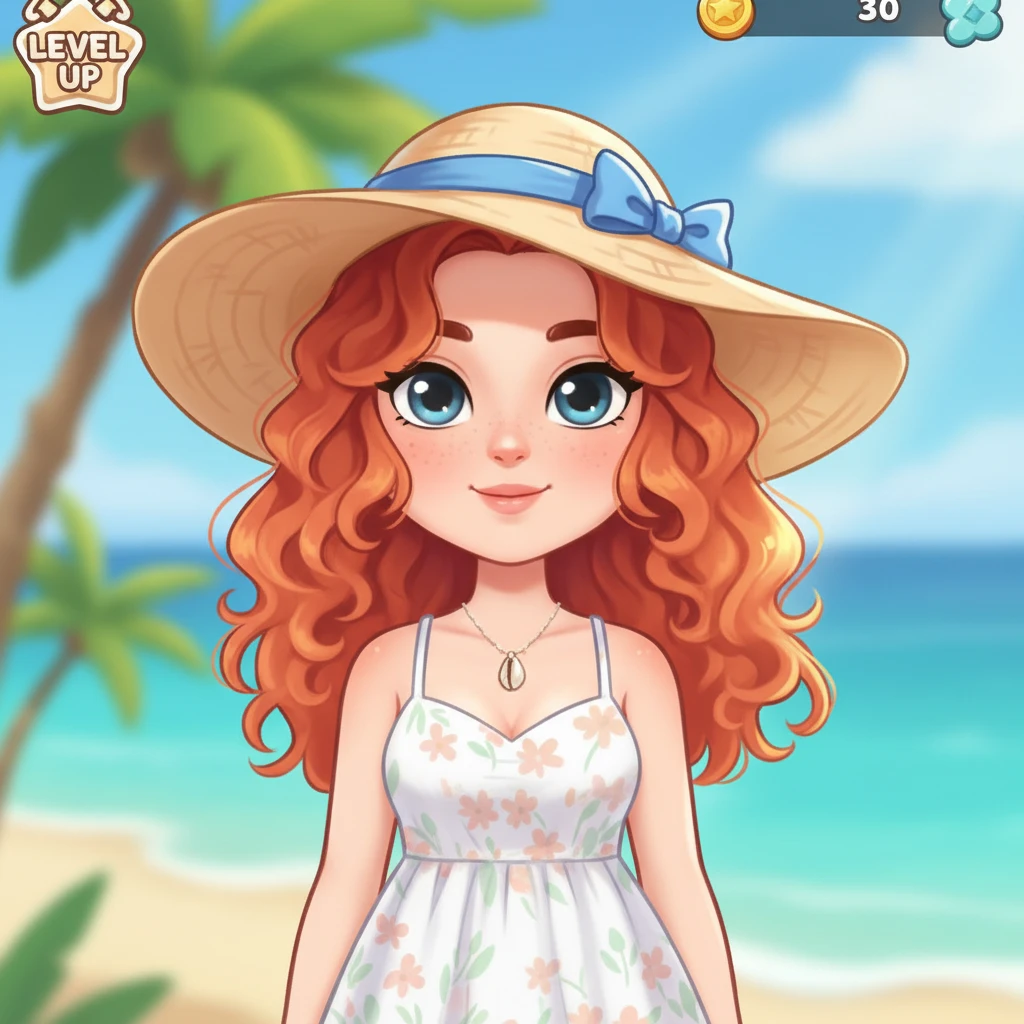 Girl wearing summer hat, red hair, front view,  Frontal Top-Down Soft Light, portrait, casual cartoon stylized game mobile emoji