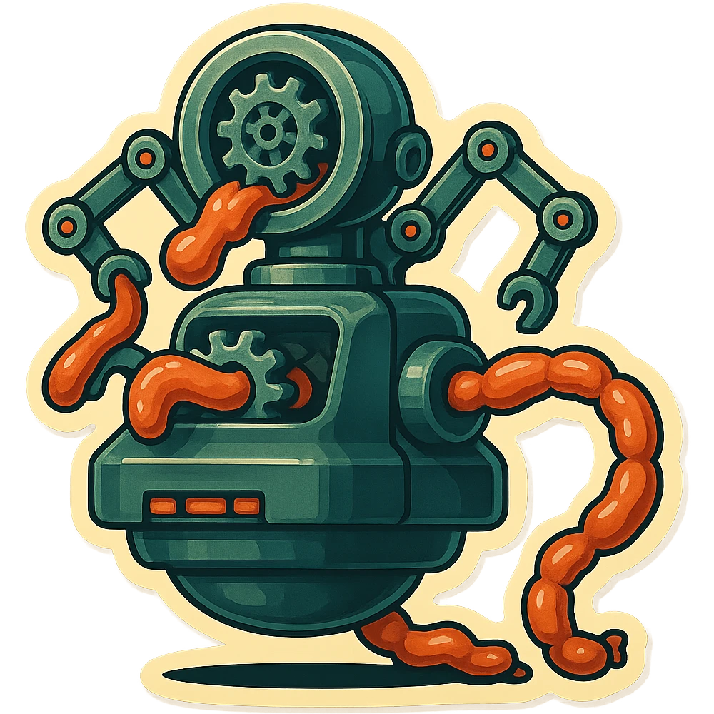 sausage-processing droid. retro-futuristic style. in front is a large industrial grinder rotating gears and blades. Two robotic arms feed material into grinder. Sausage links extrude from the rear like  factory. The body is metallic, compact, and floats above the ground.no legs. Dark humor emoji