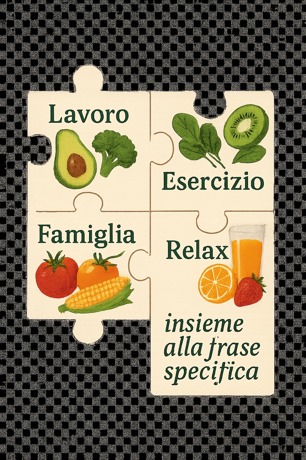 Puzzle (Lavoro, Esercizio, Famiglia, Relax), and healthy foods insieme alla frase specifica are integrated into each piece. in italiano emoji