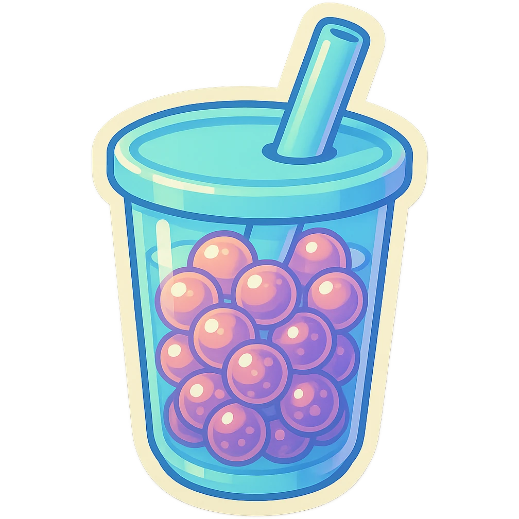 Add even more semi-transparent tapioca pearls to the pastel blue bubble tea cup, making each pearl soft, glossy, and showing clear shadows and highlights for a dimensional look. The pearls should overlap and have visible light reflections, keeping the overall cute retro sticker style. Do not change the cup or straw. emoji