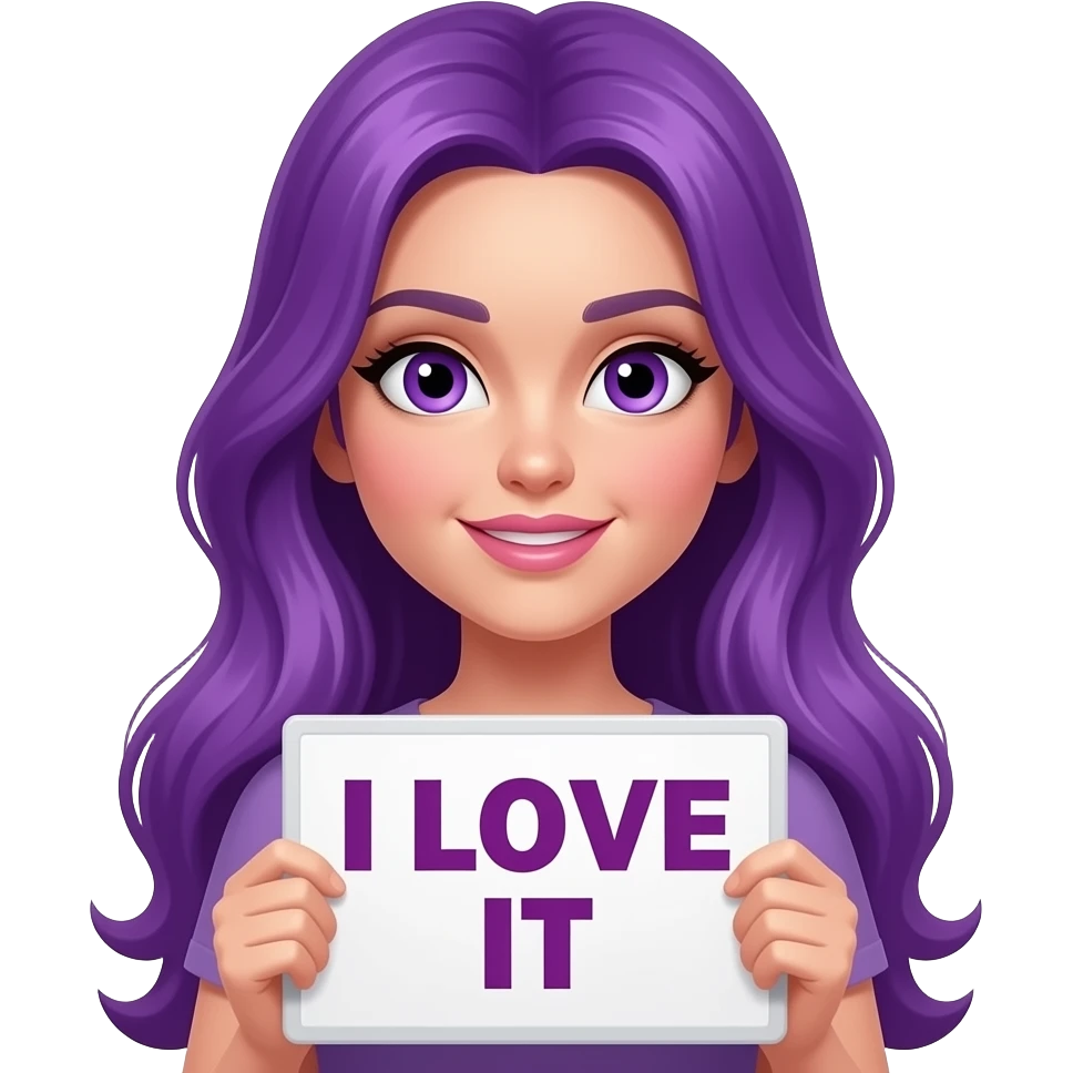 sexy girl with long purple hair and purple eyes holding a I LOVE IT sign emoji