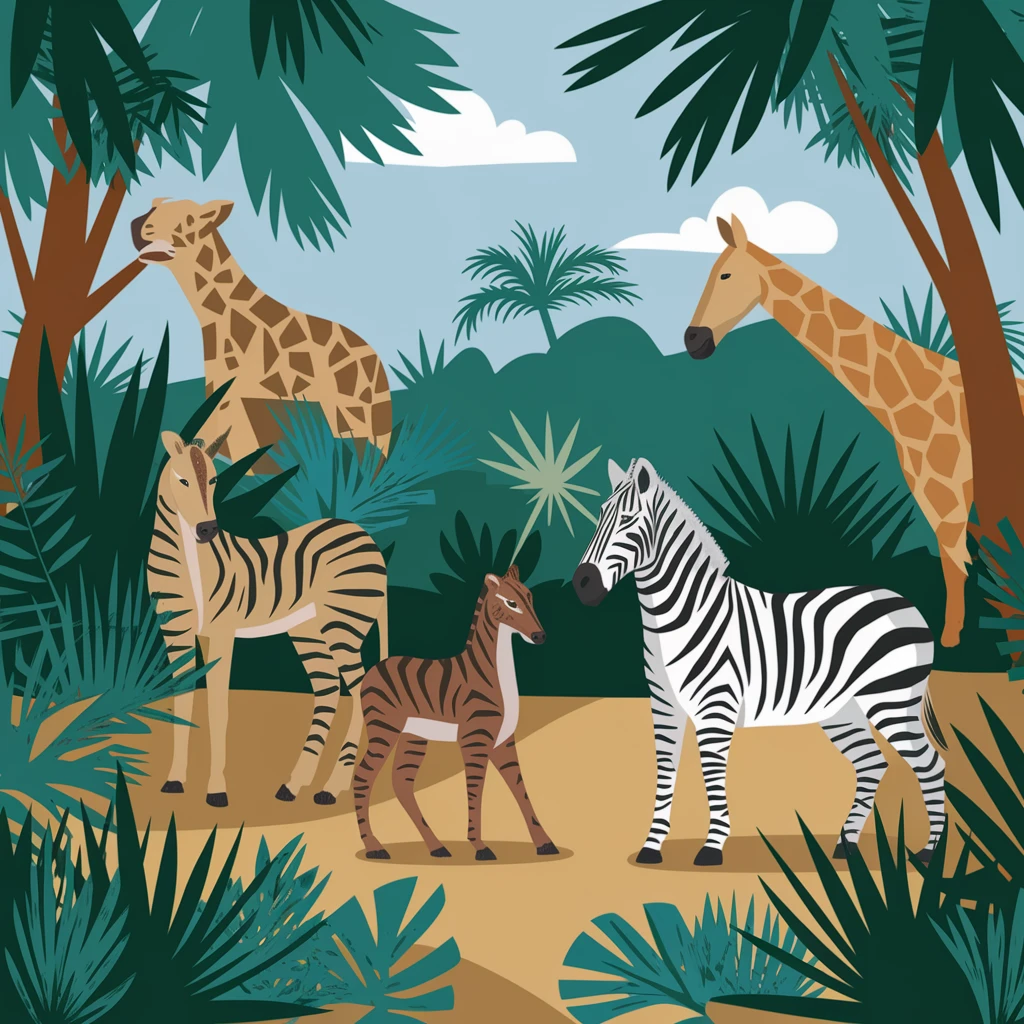 digital illustration of jungle safari in the style of children's illustration emoji