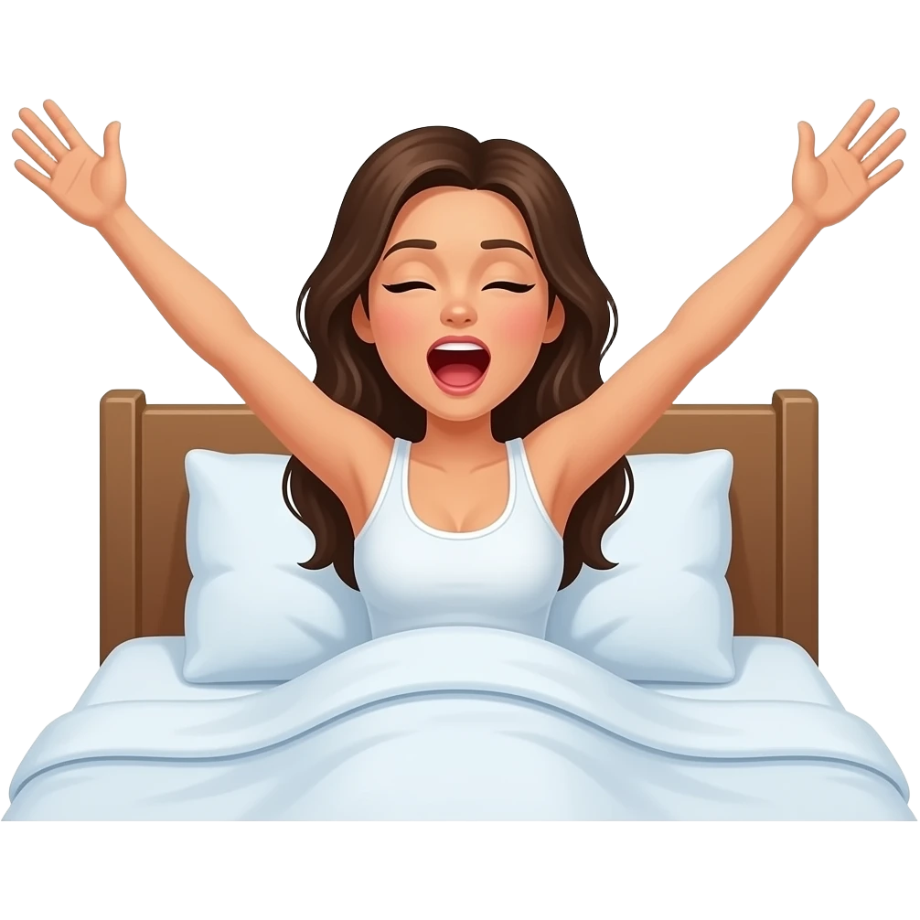 a nude woman waking up in bed with arms fully stretched and yawning with the words "Good Morning" in blue printed across emoji
