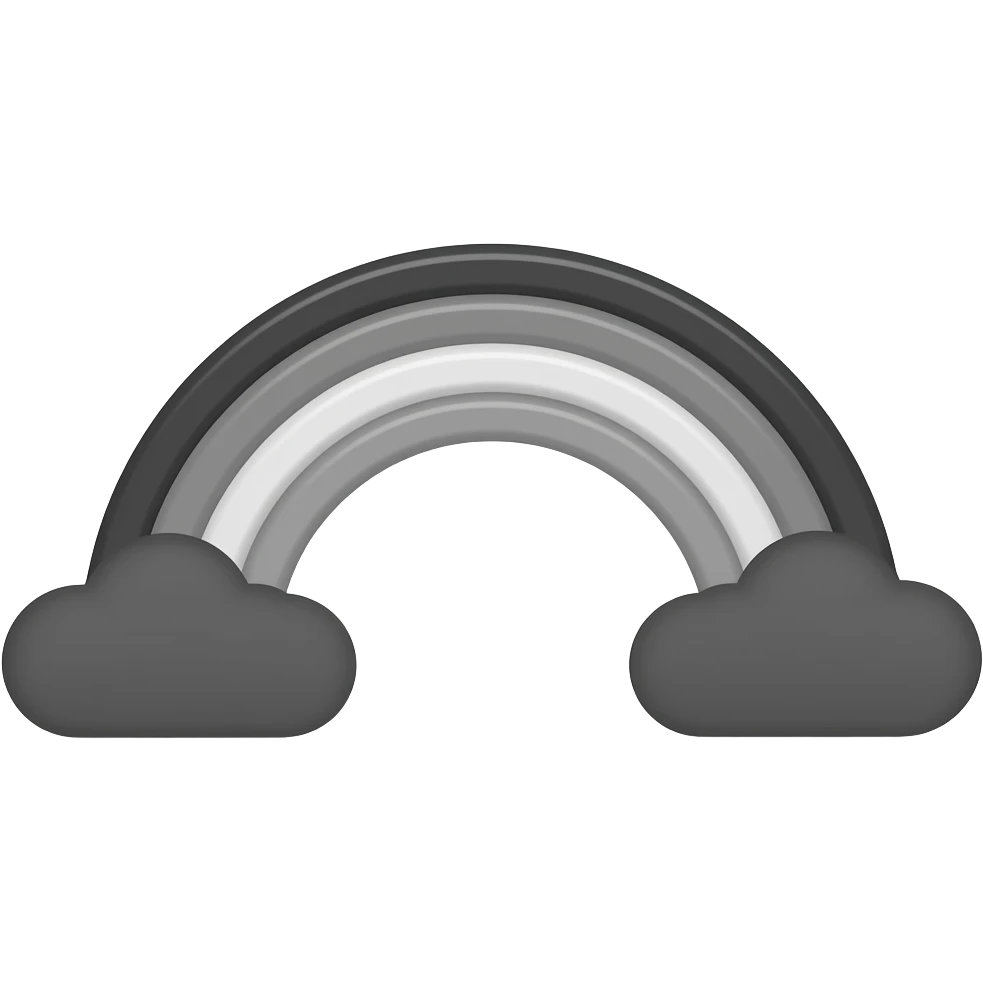 Rainbow emoji but entirely grayscale, with black clouds on both ends of the rainbow emoji