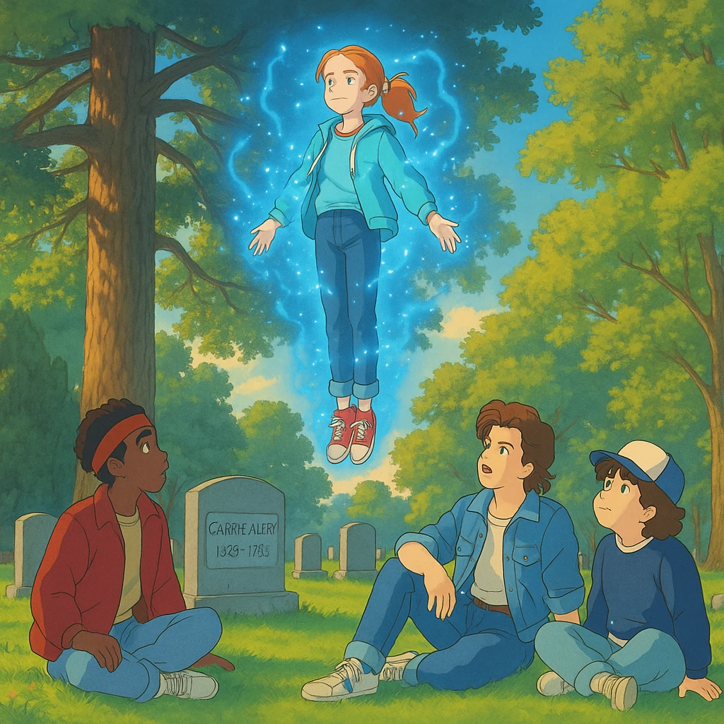 Max from Stranger Things levitating above a grave in a cemetery, with Lucas, Steve, and Dustin watching from the ground. Render in Ghibli style, wide aspect ratio (16:9), supernatural glowing effects around Max. Make Lucas, Steve, and Dustin visually recognizable with their signature hairstyles and outfits. emoji