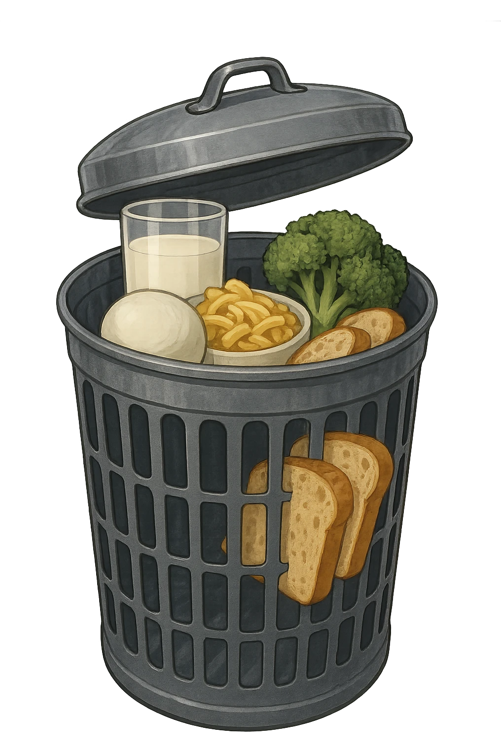 SECCHIO DELLA SPAZZATURA DENTRO CUI CADE UNA MOZZARELLA, UN BICCHIERE DI LATTE, UNA BOWL DI PASTA, QUALCHE BROCCOLO, QUALCHE FETTINA DI PANE emoji