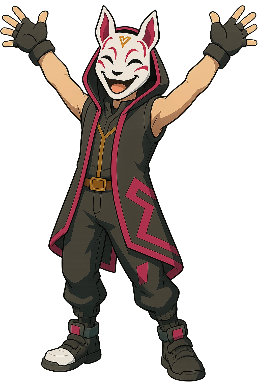 Make the Fortnite Drift skin look happy with a joyful pose and cheerful body language, keeping the stylized look, transparent background. emoji