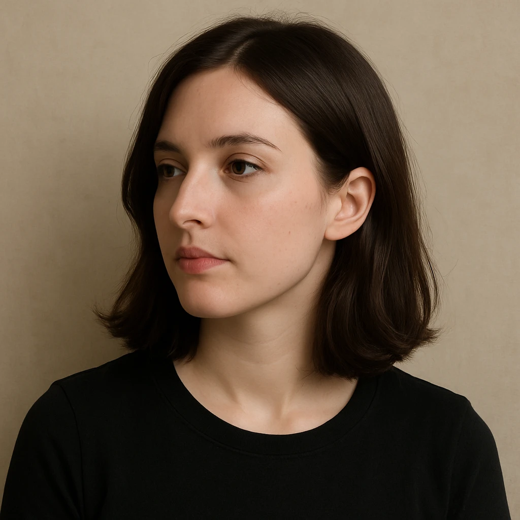 portrait of a white lady with dark brown shoulder length hair, looking to the side, simple background emoji