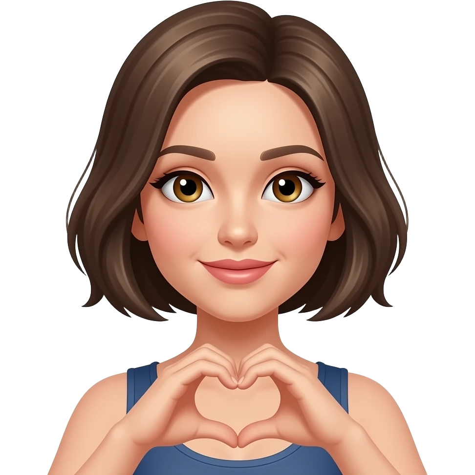 Diva with short dark blonde hair. Hazel eyes. Making heart symbol with her hands emoji