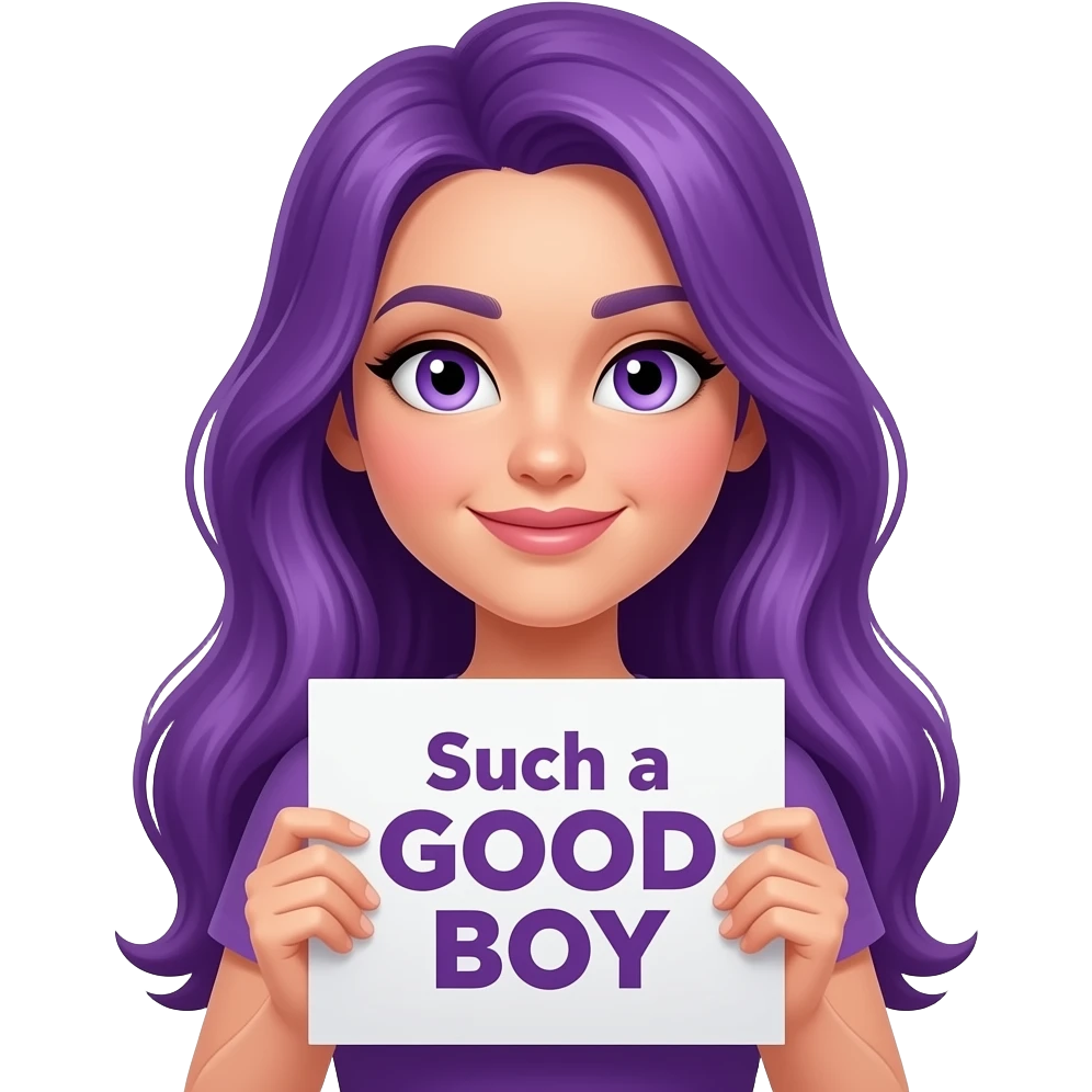 sexy girl with long purple hair and purple eyes holding a Such a GOOD BOY sign emoji