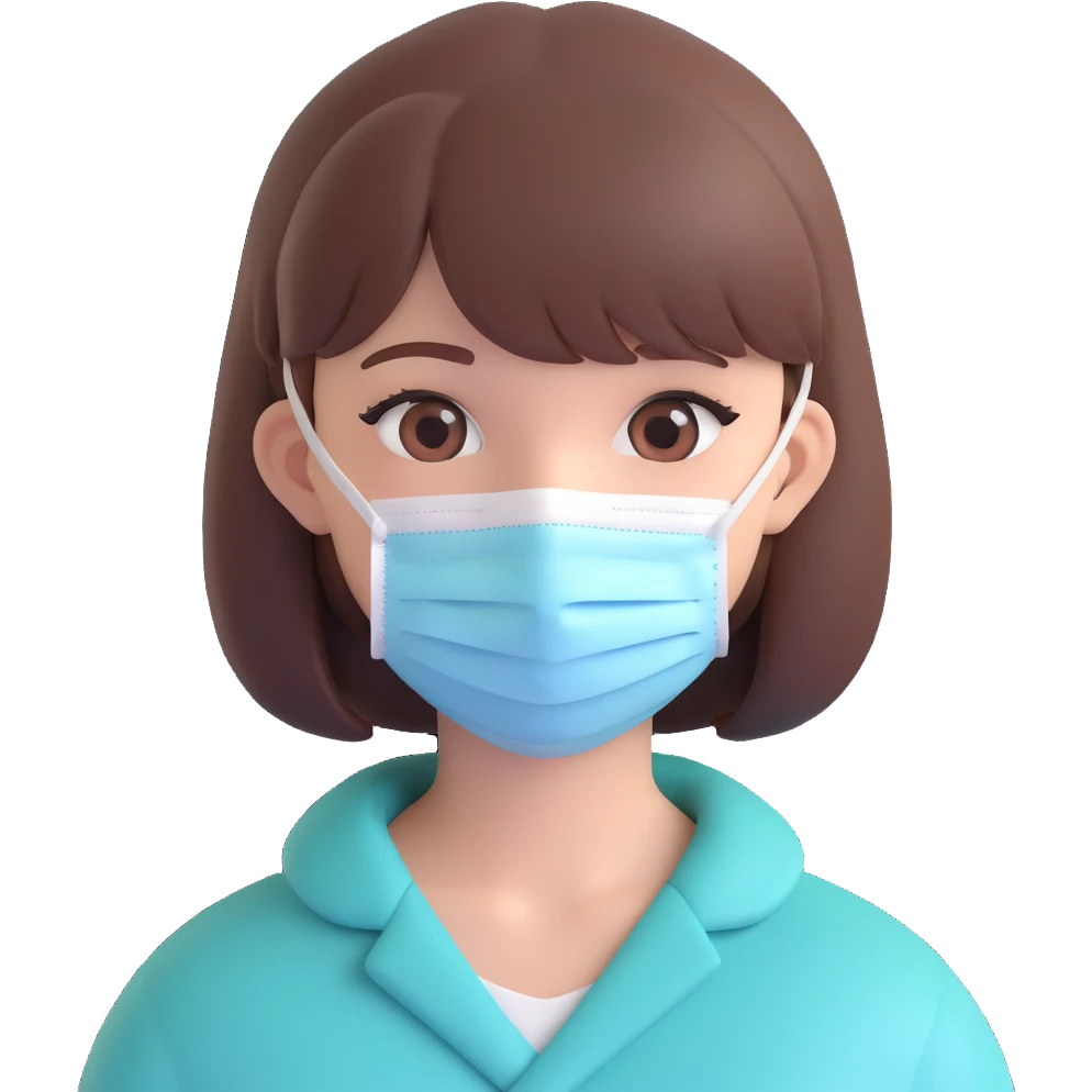 Old girl wearing medical mask with bangs and short hair, hair color brown emoji