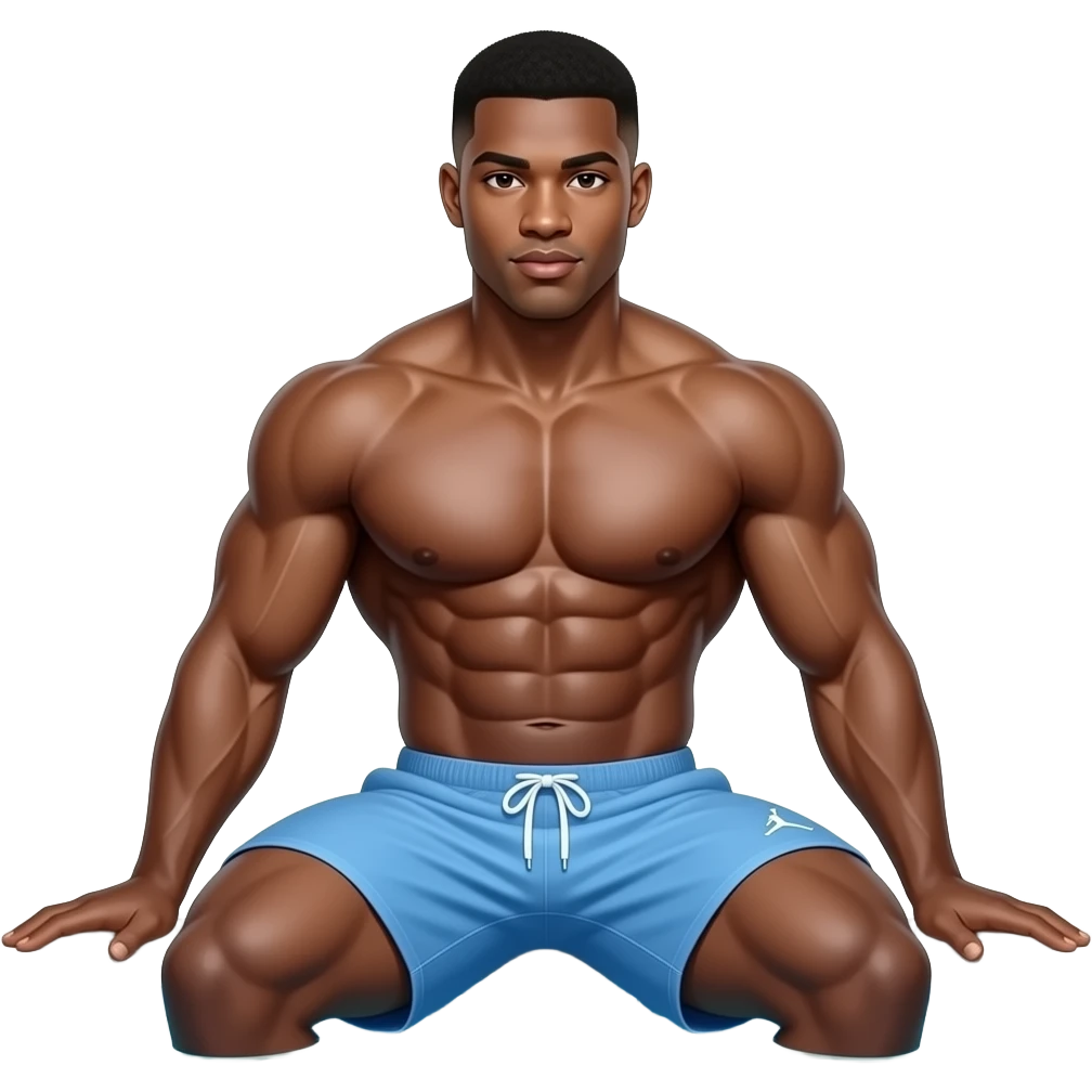 make a 20 year old man black skinned low taper fade sitting in a pool with 10 pack of abs and giant muscles with his legs spread apart and he is wearing tight light blue jordan shorts emoji