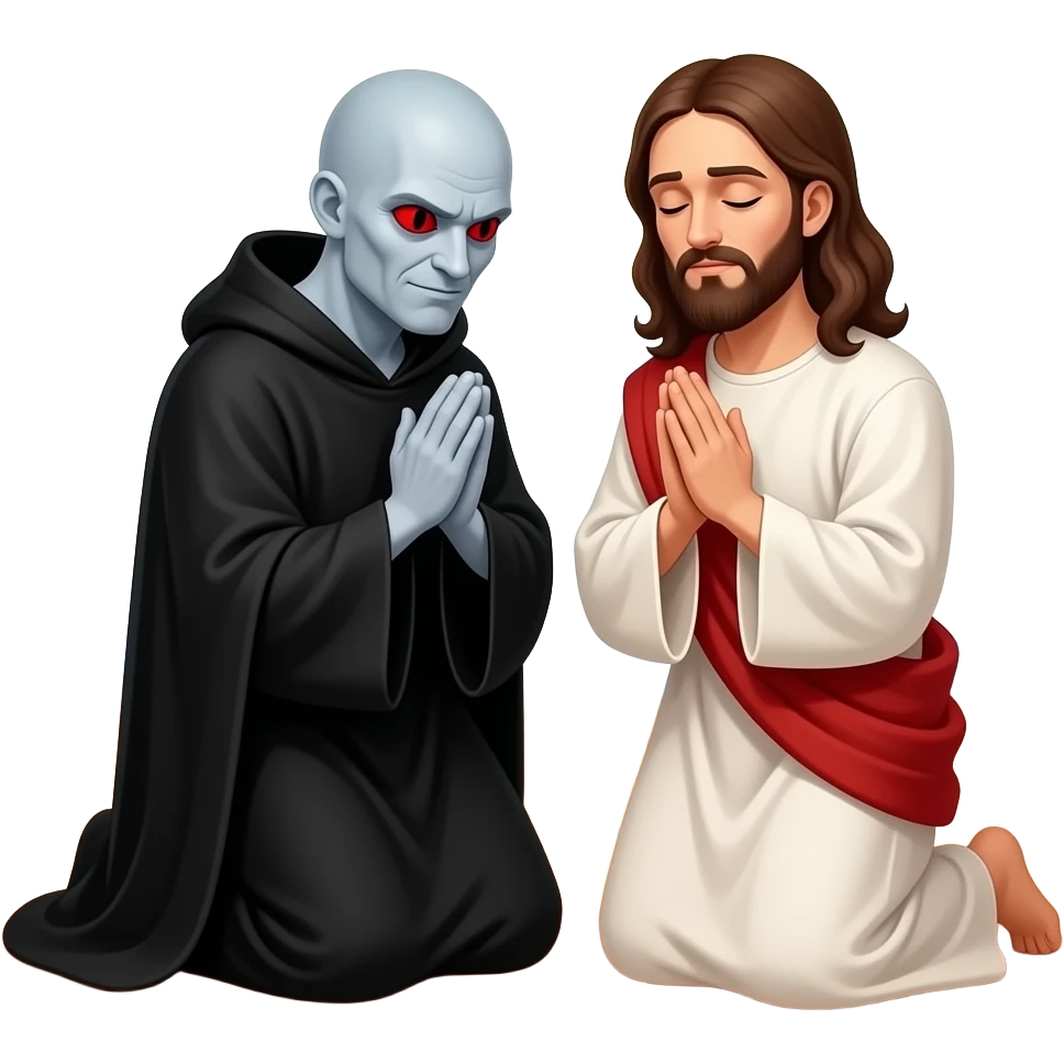 A full bodied crouched evil man with no hair and pale colored skin, red serpent eyes, slim black slit pupils, wearing a black hooded robe from biblical times trying to tempt Jesus as he prays on his knees, eyes closed in the middle of the wilderness emoji