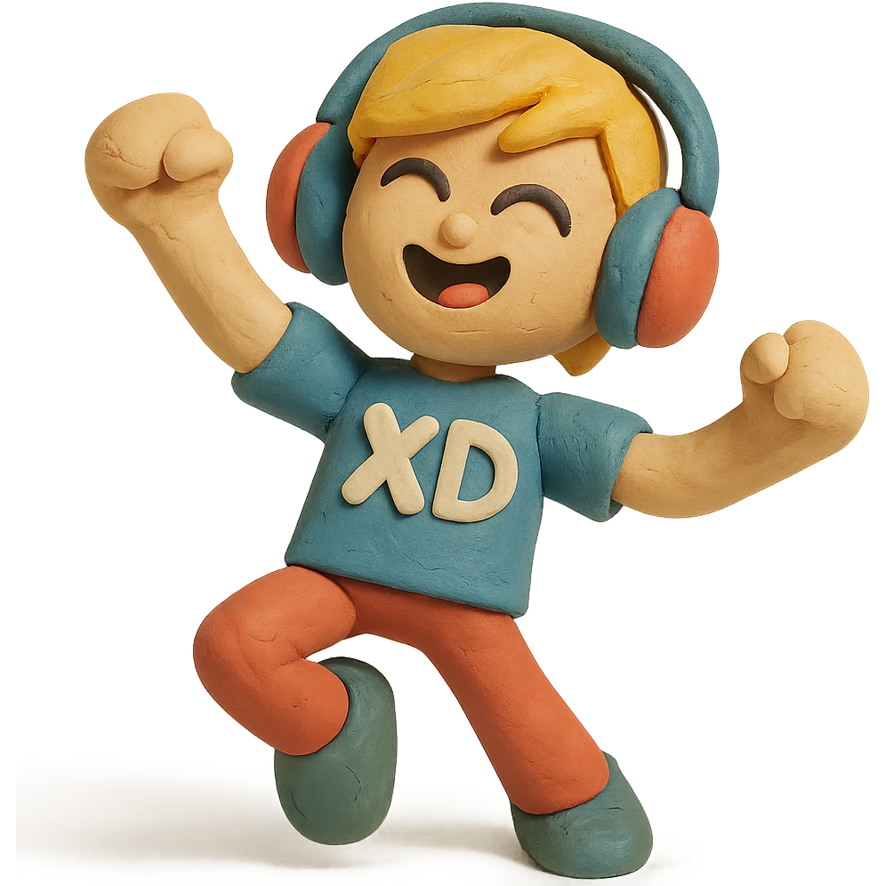 PK XD character, wearing headphones, energetic pose, claymation style emoji