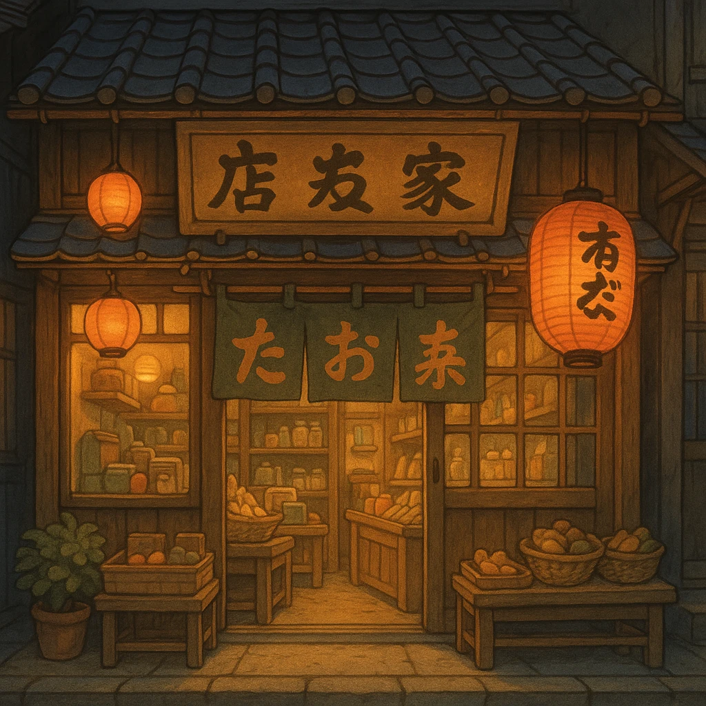 Cozy anime storefront with traditional Asian elements, warm lighting, hanging lanterns, shop sign in Japanese style, Studio Ghibli style emoji