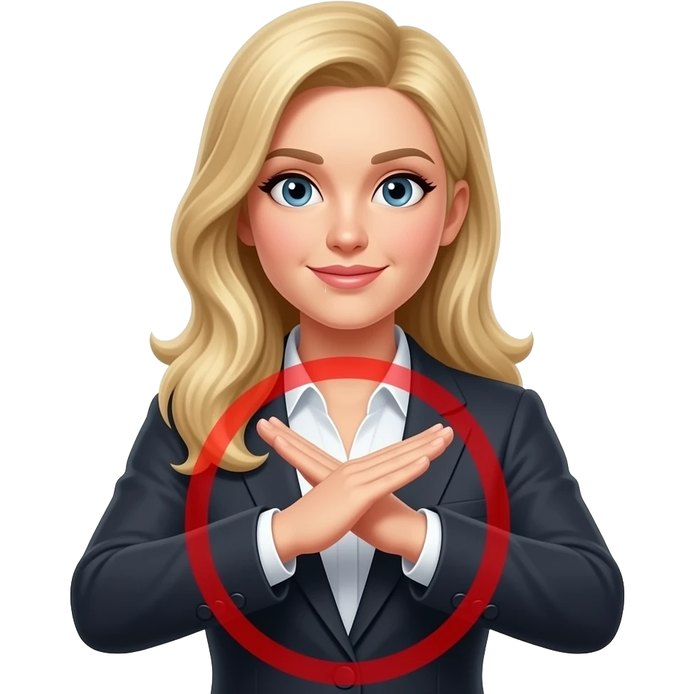long blonde haired business woman gesturing "No" arms crossed in front of her. emoji