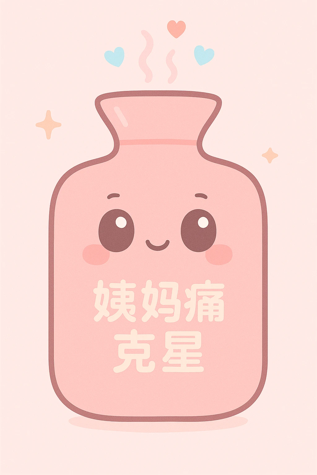 kawaii-style pink hot water bottle with '姨妈痛克星' written on it, steam and hearts rising from the top, exuding warmth and love, symbolizing special care during period days emoji