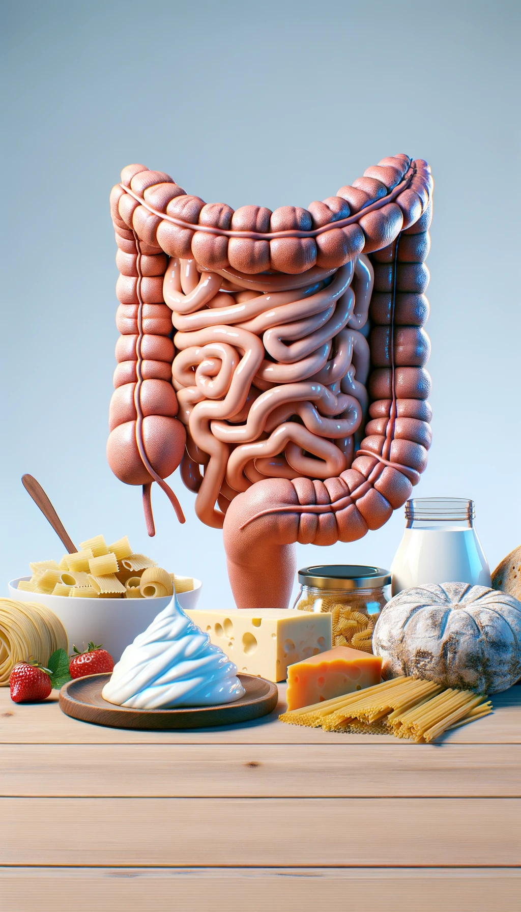 su un tavolo ci sono yogurt, formaggi, pasta, insieme ad un intestino umano anatomico, iperrealistico 4k, SFONDO CHIARO emoji