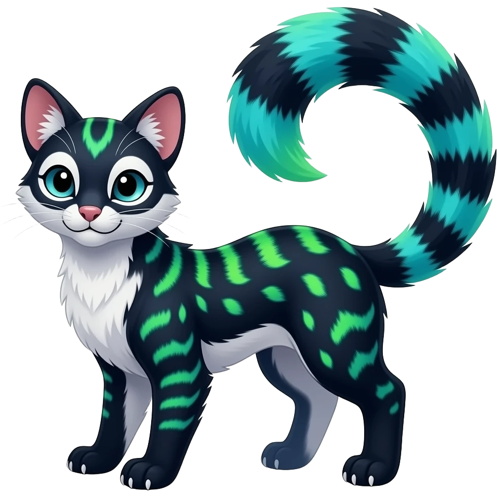 Colorful realistic tropical thin exotic beautiful lanky gradient-colored cobalt-blue-obsidian-black-neon-green-gradients, with white underside, iridescent glorious fantasy-civet-genet-Fionbri-Cacomistle-Furret-civet-oncilla-animal-hybrid-fursona with pattern markings (full body) emoji