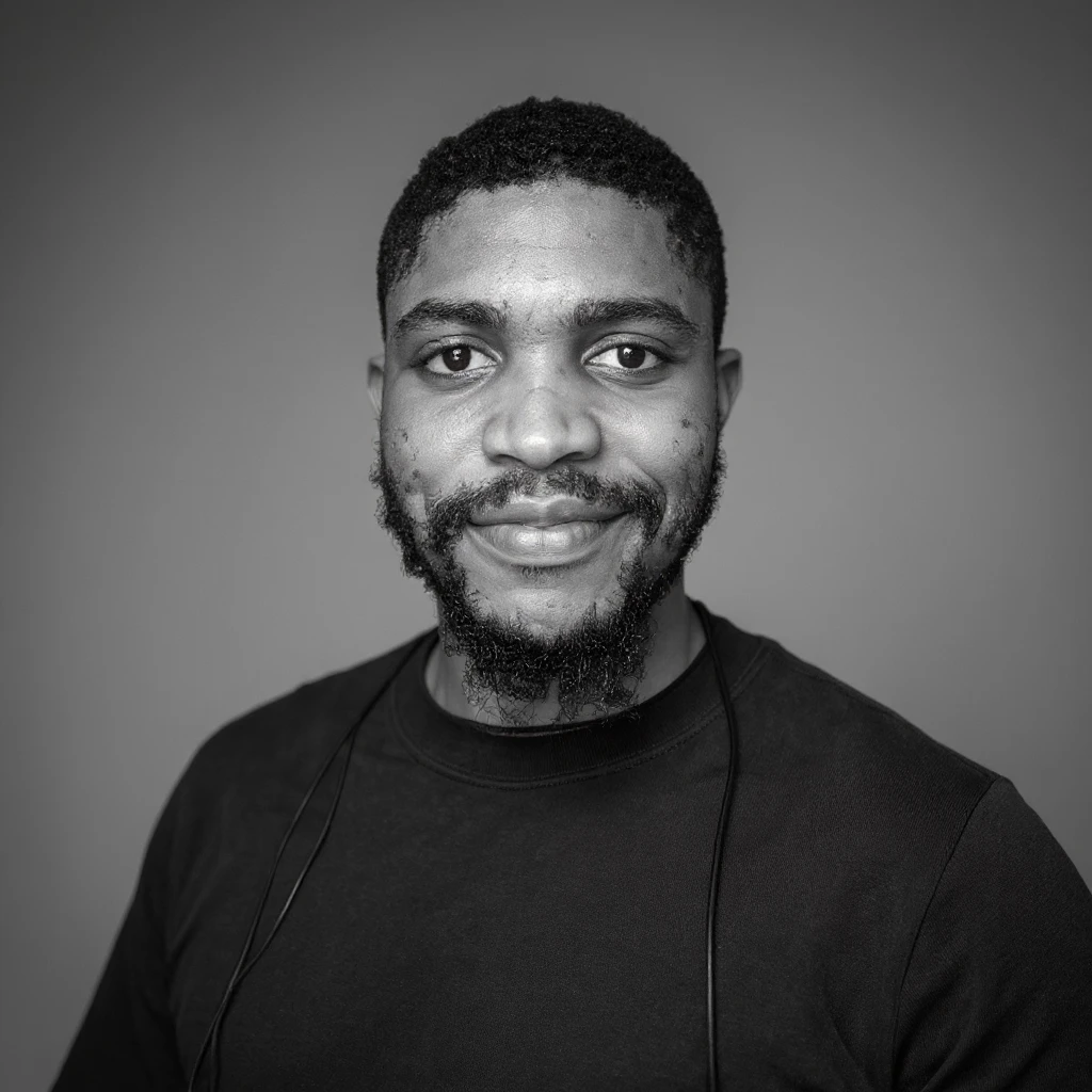 A professional portrait of me in monochrome. Plain black crew neck shirt. Tailored to LinkedIn. Tech boy vibe (programmer). I’m a black man from Nigeria. Retain facial features from attached image. emoji
