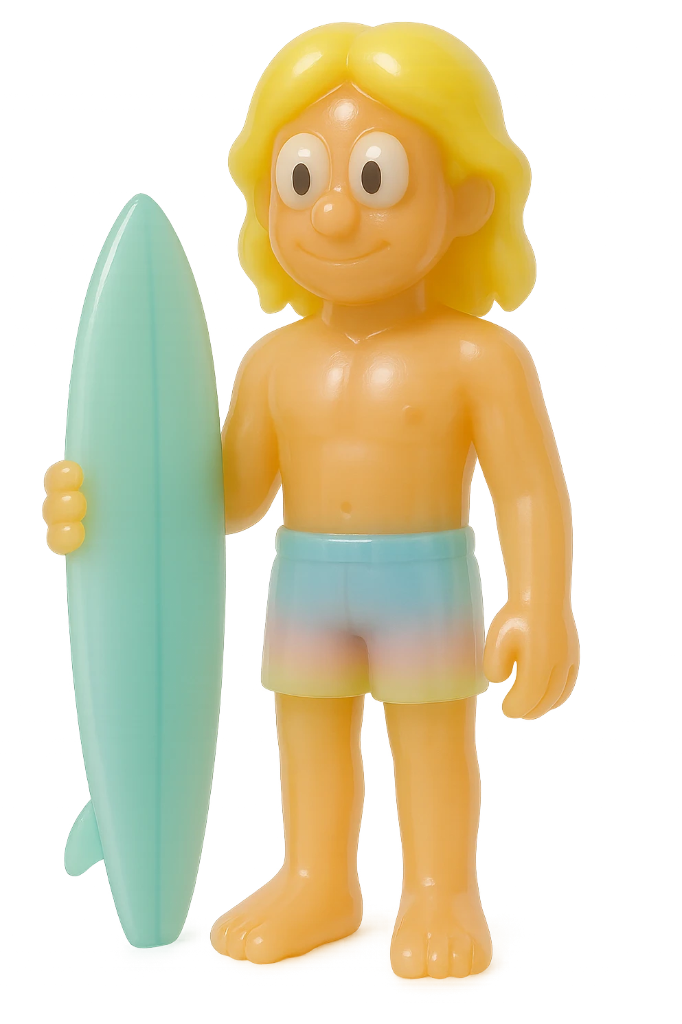 full-body surfer bro, retro 90's toy style, very transparent and slightly see-through, natural tan skin, blonde hair, colorful shorts, large white eyeballs with small black pupils, soft plastic texture, soft reflections, soft and squishy, some cloudiness, not shiny, highly detailed, appealing, no tag, no background emoji