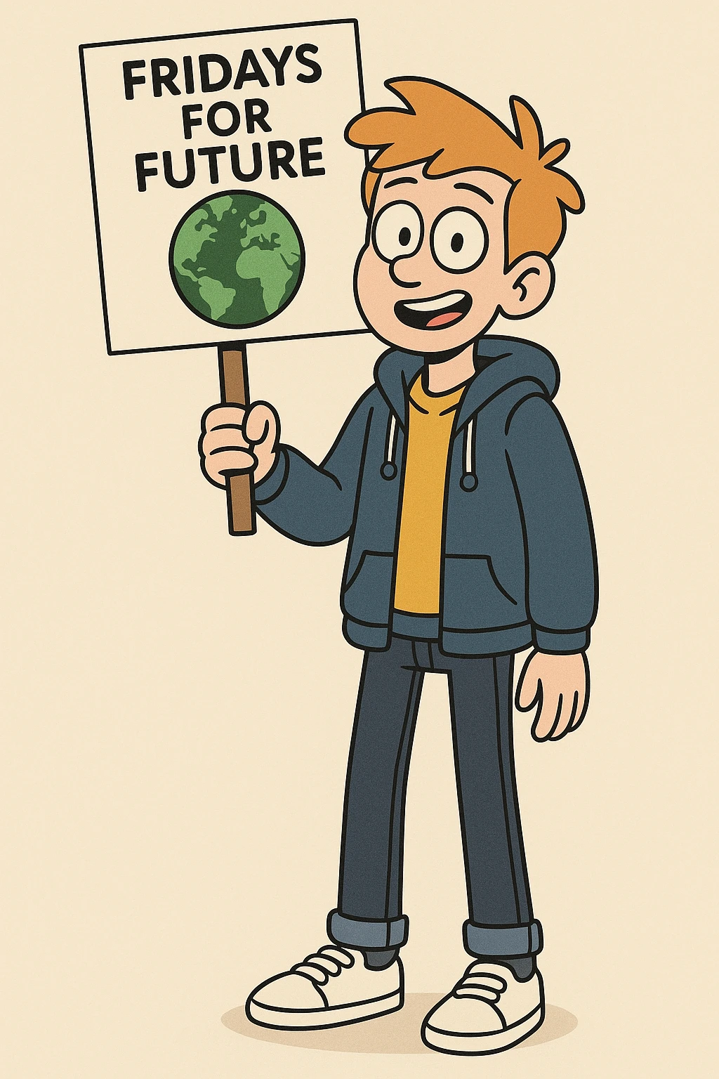  Fridays for Future a boy Yellow Orange hair shirts blue jackets hoodie dark blue jeans white shoe  emoji