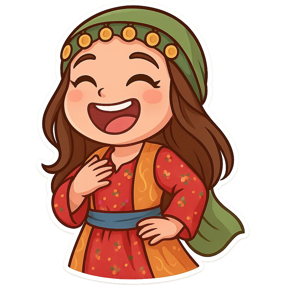 Cartoon sticker of a Kurdish woman in traditional Kurdish female clothing, colorful and cheerful, face with loud laughter and big smile, no text, suitable for WhatsApp and Instagram, transparent background. emoji
