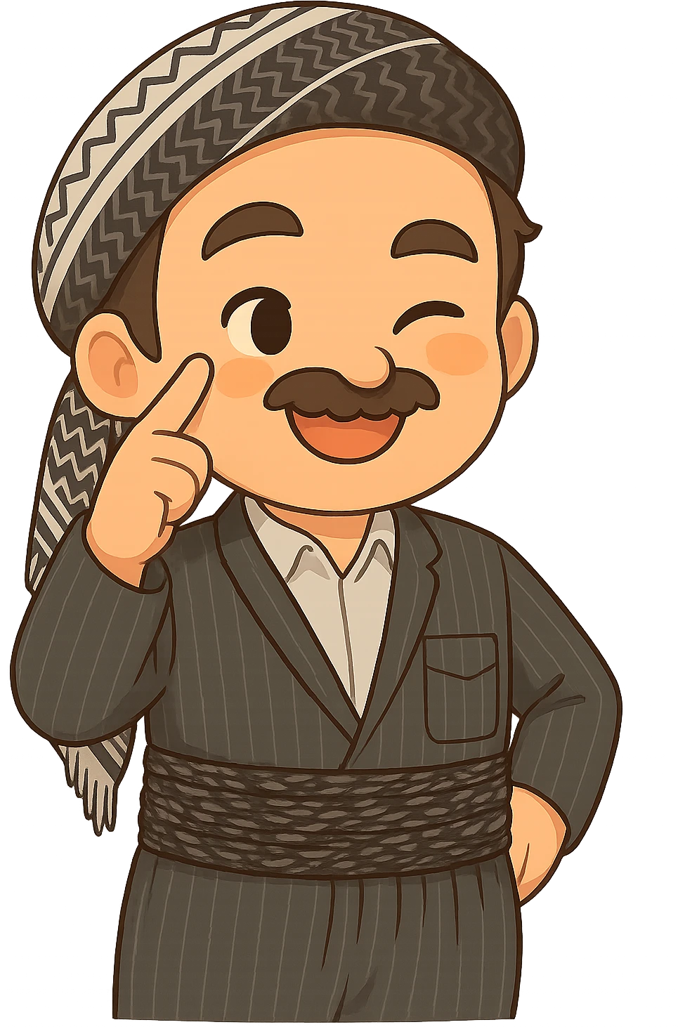 Cartoon sticker of a Kurdish man with the same clothes and scarf as the reference image, no changes to clothes or scarf. Face with a winking eye and smile expression similar to the 😉 emoji. Hand next to the face with the index finger near the eye. Colorful and cheerful, no shadows or color halos around the image, no text, fully transparent background, suitable for WhatsApp and Instagram. emoji